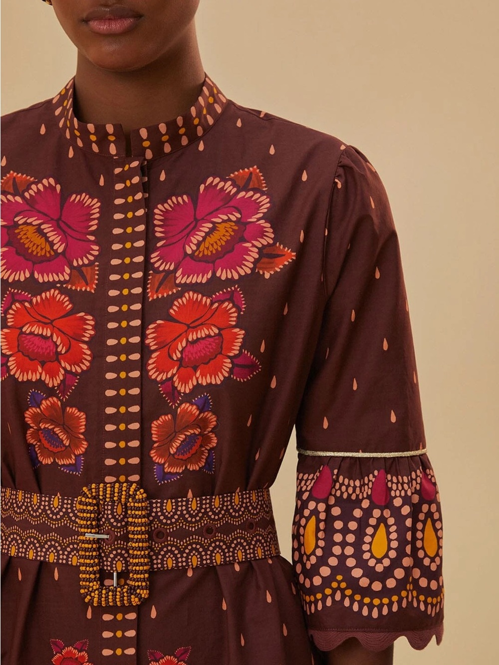 NWT FARM RIO Brown Bright Flora Short Sleeve Mini Dress - Picture 3 of 5
